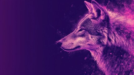  a close up of a wolf's head on a purple and pink background with a splash of paint on the left side of the image.