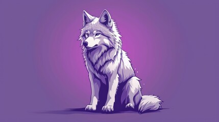  a drawing of a wolf sitting in front of a purple background with the wolf's name on it's chest.