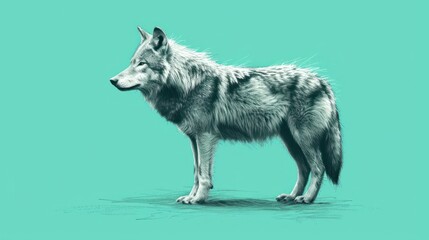  a drawing of a wolf standing on a green background with a black and white drawing of a wolf on the left side of the image.