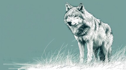  a black and white drawing of a wolf standing in a grass field with a blue sky in the back ground.