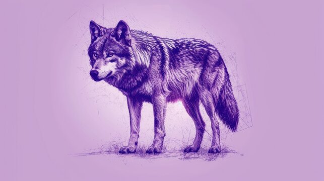 a drawing of a wolf standing in front of a purple background with a red spot on the left side of the wolf's head.