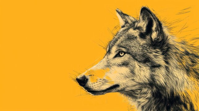 a drawing of a wolf's head on a yellow background with a black and white image of a wolf's head.