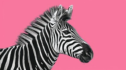  a close up of a zebra's head on a pink background with a black and white image of a zebra.