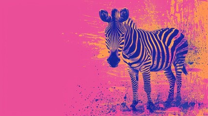 Fototapeta na wymiar a black and white zebra standing in front of a pink and yellow background with a splash of paint on it.