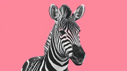 Fototapeta na wymiar a close up of a zebra's head on a pink background with a black and white zebra in the foreground.