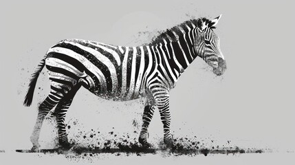 Fototapeta na wymiar a black and white photo of a zebra on a gray background with a splash of paint on the zebra's back.