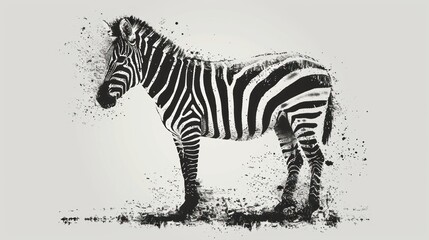 Fototapeta na wymiar a black and white photo of a zebra on a white background with a splash of paint on the back of the zebra.