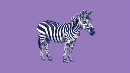  a zebra standing on a purple background with a black and white picture of it's head turned to the side.