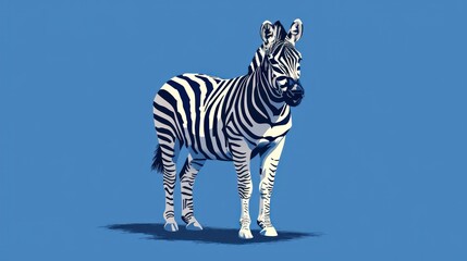  a digital painting of a zebra standing on a blue background with its head turned to the side and it's head turned to the side.