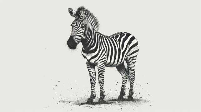  a black and white photo of a zebra standing in the dirt with its head turned to the side and it's head turned to the side.