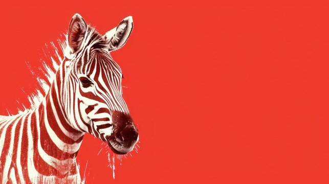  a close up of a zebra's head on a red background with a black and white image of a zebra.