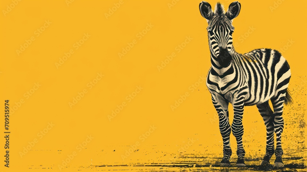 Wall mural  a black and white zebra standing in front of a yellow and black background with a black and white picture of a zebra.