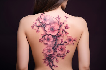 Floral tattoo design on the back of a woman, generated by AI