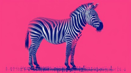Fototapeta na wymiar a zebra standing in front of a pink background with a black and white image of a zebra on it's side.