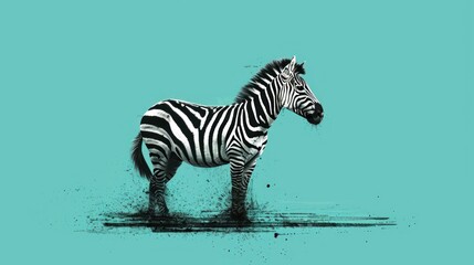 Fototapeta na wymiar a black and white zebra standing on top of a puddle of black and white paint on a teal background.