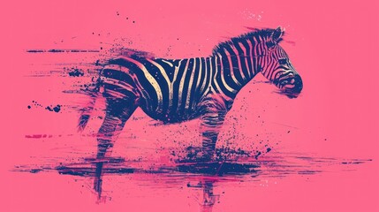 Fototapeta na wymiar a zebra is standing in the water with a pink background and a splash of paint on it's side.