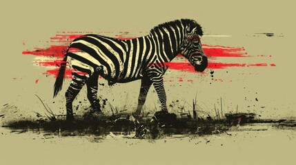 Fototapeta na wymiar a painting of a zebra standing in a field with red paint splattered on it's face and neck.