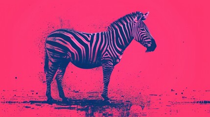 Fototapeta na wymiar a zebra standing in the middle of a pink and blue background with a splash of paint on it's side.