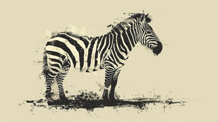  a black and white photo of a zebra on a beige background with a splash of paint on the back of the zebra.