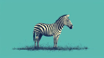  a black and white zebra standing in a field of grass with a blue sky in the back ground and a blue sky in the background.