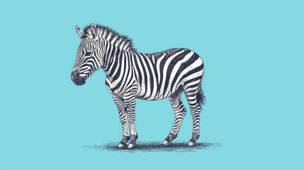  a drawing of a zebra standing in a pool of water with its head turned to the side on a blue background.