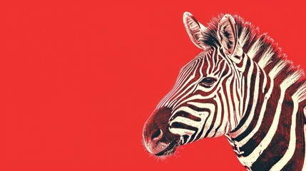  a close up of a zebra's head on a red background with a black and white image of a zebra.