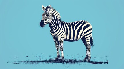 Fototapeta na wymiar a black and white zebra standing on top of a puddle of water with a blue sky in the back ground.