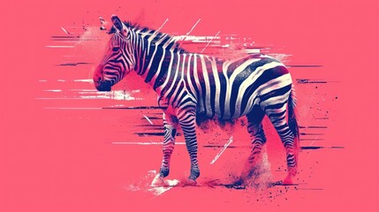 Fototapeta na wymiar a zebra standing in the middle of a pink and red background with a splash of paint on it's side.