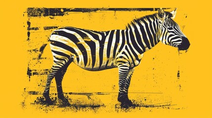 Fototapeta na wymiar a black and white zebra standing in front of a yellow and black wall with a grungy look on it's face.