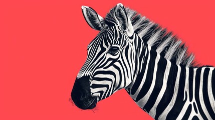  a close up of a zebra's head on a red background with a black and white image of a zebra.