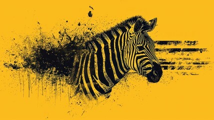 Fototapeta na wymiar a black and white picture of a zebra's head with paint splatters all over it on a yellow background.