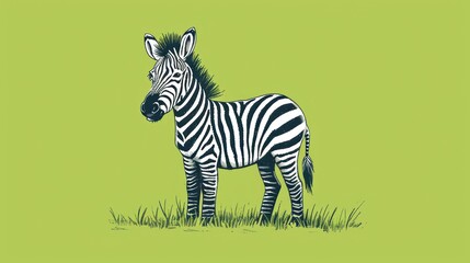 Fototapeta na wymiar a drawing of a zebra standing in a field of grass with a green background and a black and white drawing of a zebra's head.