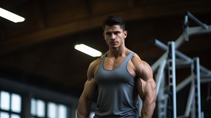 Fit and strong: young male athlete bodybuilder strikes powerful poses, demonstrates dynamic sports exercises in gym setting