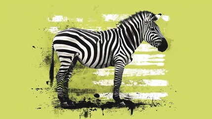 Fototapeta na wymiar a black and white zebra standing in front of a green and white wall with paint splatters on it.