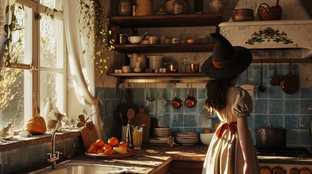  A Woman In A Dress And Hat Standing In A Kitchen Next To A Counter With A Bowl Of Fruit On It.