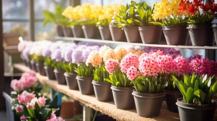 A flower shop with hyacinths, daffodils and other spring flowers in pots on the shelves of the...