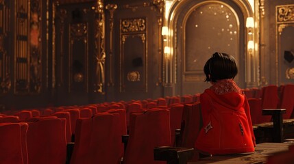  a little girl in a red dress sitting on a red chair in front of a large auditorium filled with red chairs.