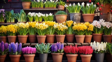 Pots with flowering plants hyacinths, daffodils, kalanchoe in a street flower shop. Spring, Flower Market.