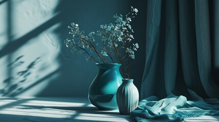  a blue vase with white flowers in it sitting on a table next to a window with a curtain behind it.