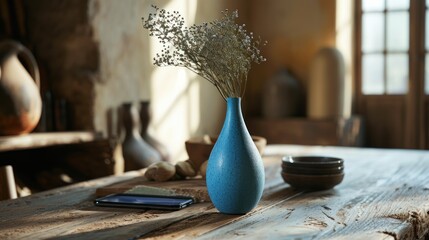  a blue vase sitting on top of a wooden table next to a cell phone and a vase filled with baby's breath.