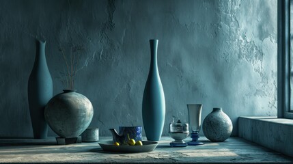  a group of vases sitting on a table next to a bowl of fruit and a bowl of lemons.