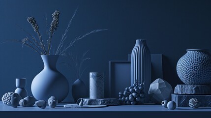  a group of blue vases sitting on top of a table next to a vase with a plant in it.