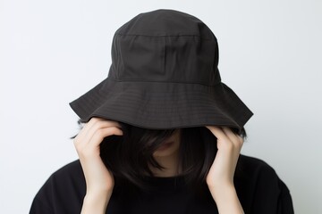 plain black bucket hat mockup for design. a girl wearing a plain bucket hat