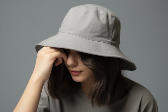 plain grey bucket hat mockup for design. a girl wearing a plain bucket hat