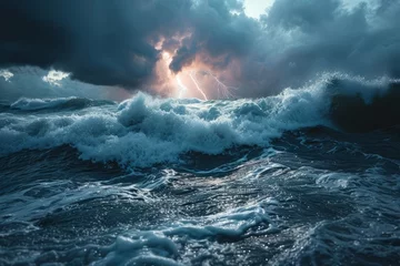 Fototapeten Stormy seascape with stormy sea waves and sun rays © LAYHONG