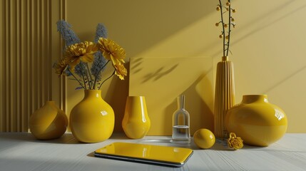  a group of yellow vases sitting next to each other on a table with a cell phone in front of them.