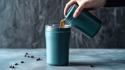  a person pouring a cup of coffee into a travel mug with peanuts scattered on the floor next to the cup. - Powered by Adobe