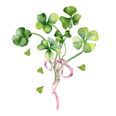 Shamrock and clover bunch with ribbon watercolor illustration isolated on white. Hand painted green four leaves. Hand drawn Irish lucky symbol. Design element for St.Patricks day postcard, banner