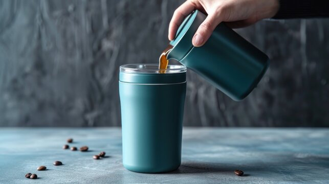  a person pouring a cup of coffee into a travel mug with peanuts scattered on the floor next to the cup.