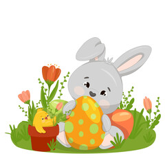 Funny bunny holding an Easter egg. The chicken climbed into the flower pot and gives the tulip to the rabbit.